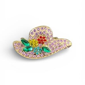 Floral Crystal Hat Brooch in Gold Tone Rhinestone NWT